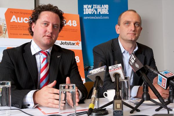 Justin Watson, General Manager Marketing and Communications, Tourism New Zealand (left) and Bruce Buchanan, CEO, Jetstar Group (right) announce $9million partnership.